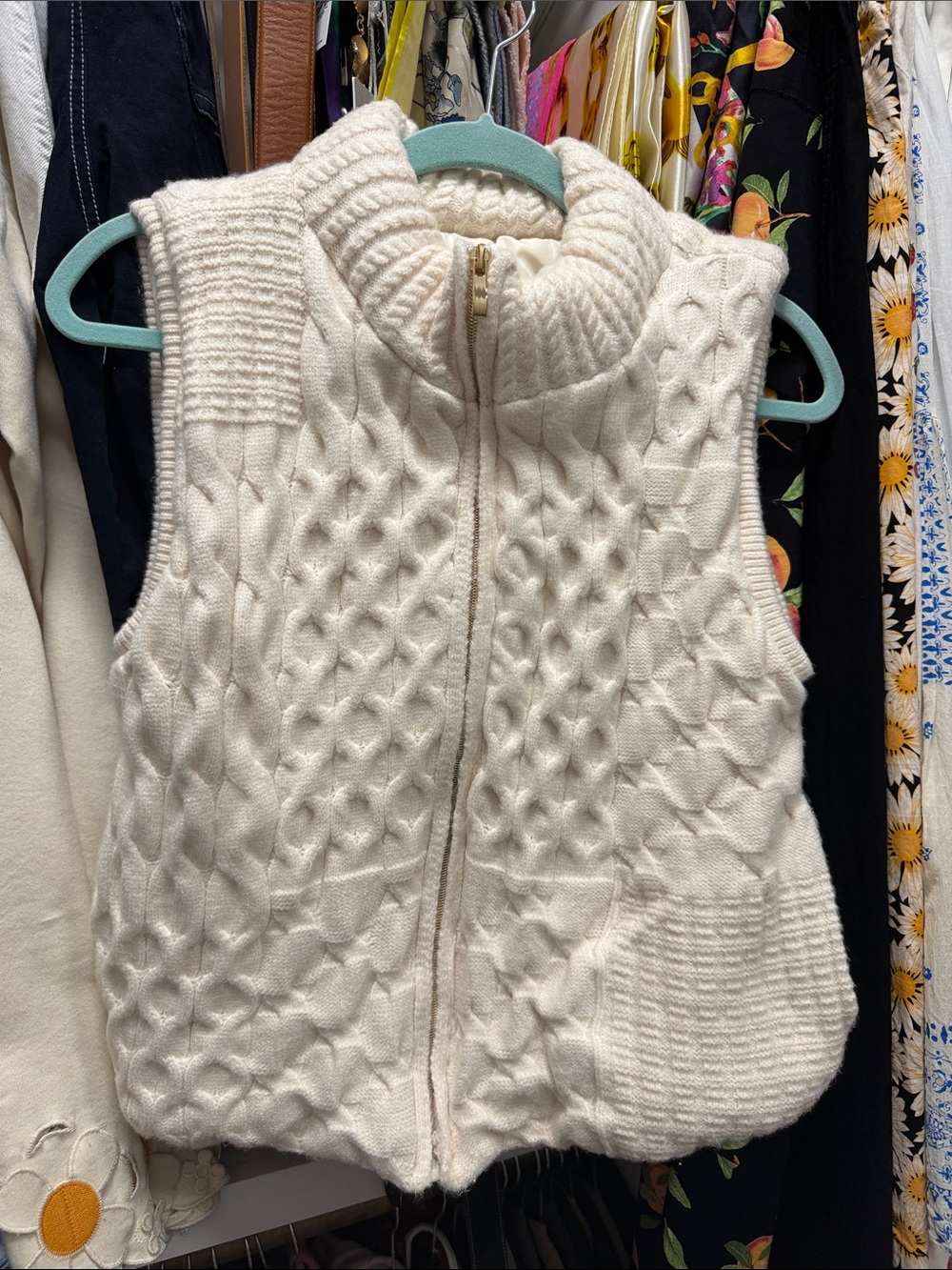 Joie Cream Cable Knit Sleeveless Zip-Up Vest